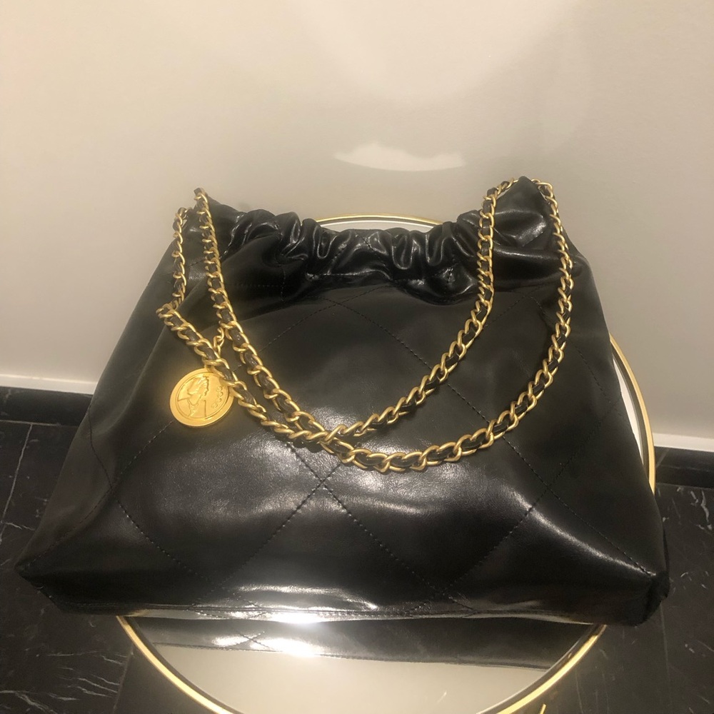 Black Quilted Shoulder Bag with Gold Chain Strap - Picture 3 of 8